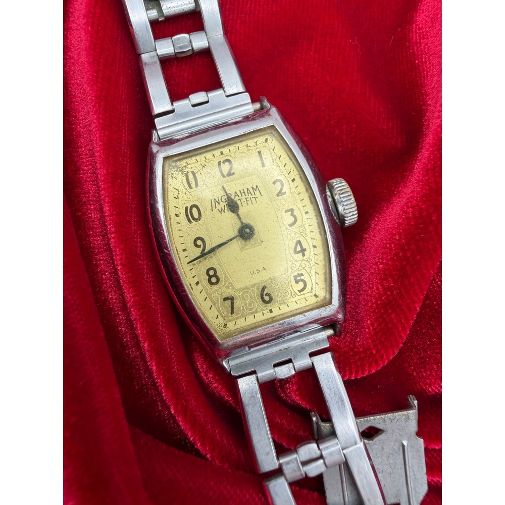 Vintage Ingraham Wrist-Fit Watch Art Deco Tonneau Case Silver Tone Untested
